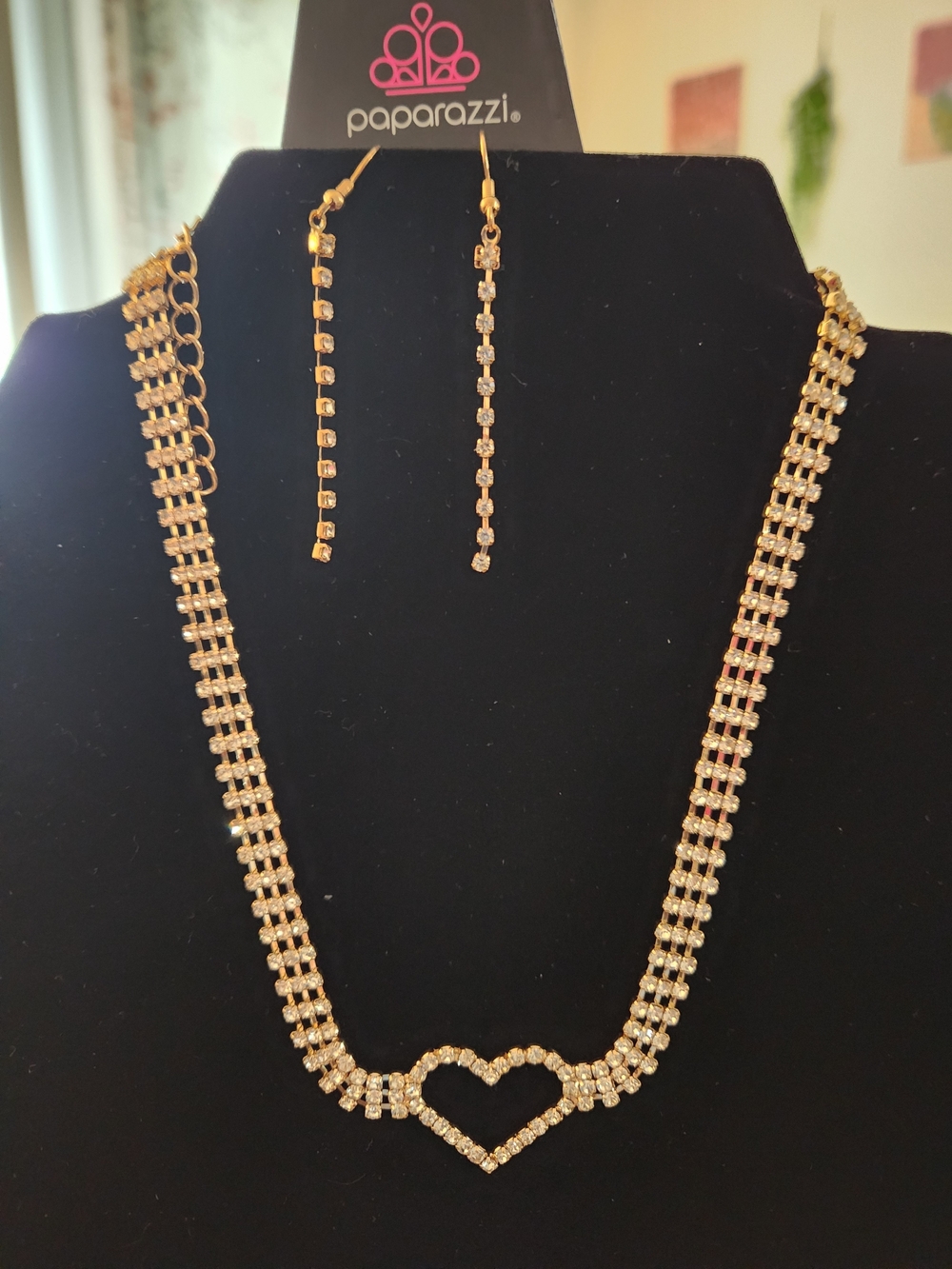 paparazzi Gold Rhinestone Heart Necklace with Linear Drop Earrings
